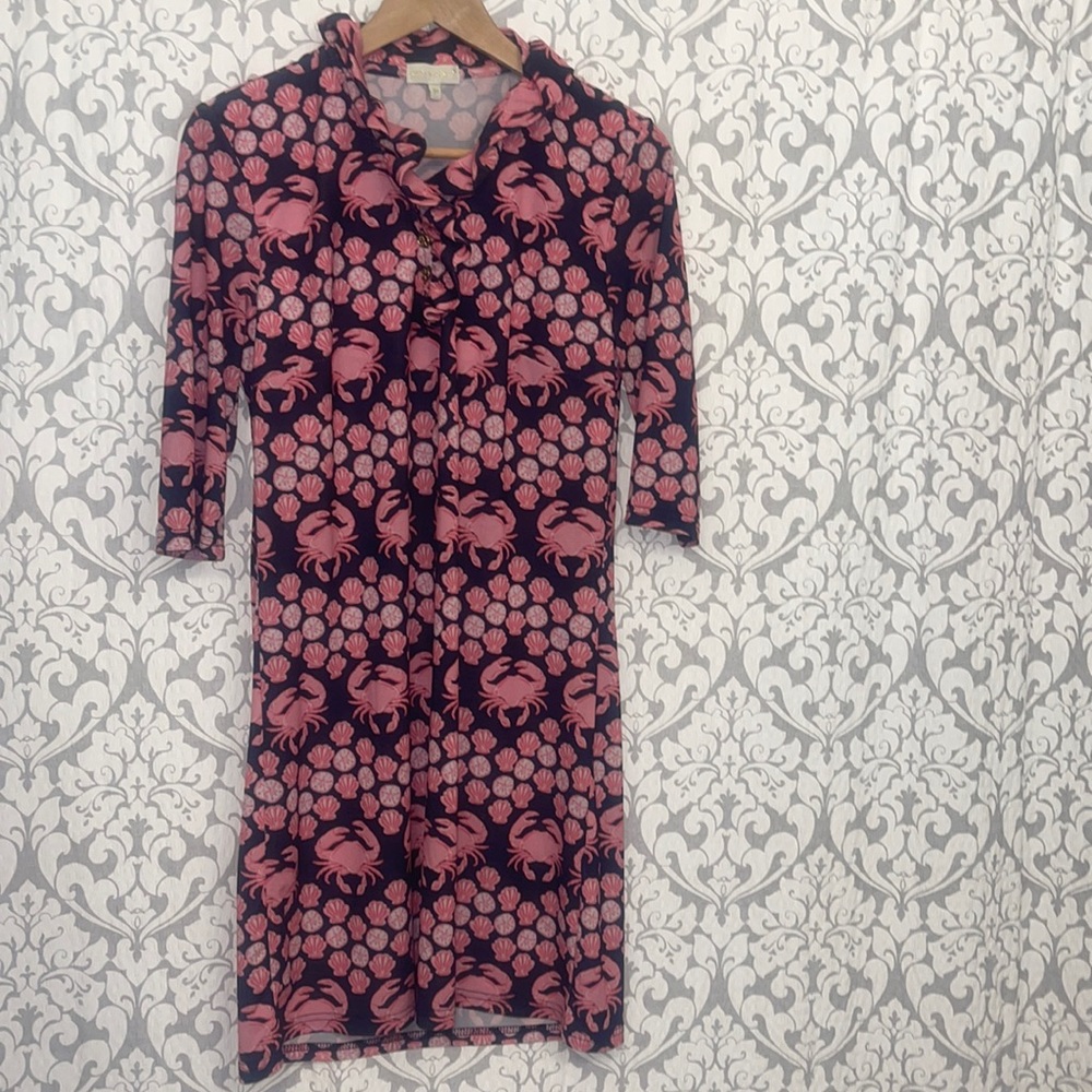 Simply southern crab and shell print ruffle collar pink & navy size medium dress